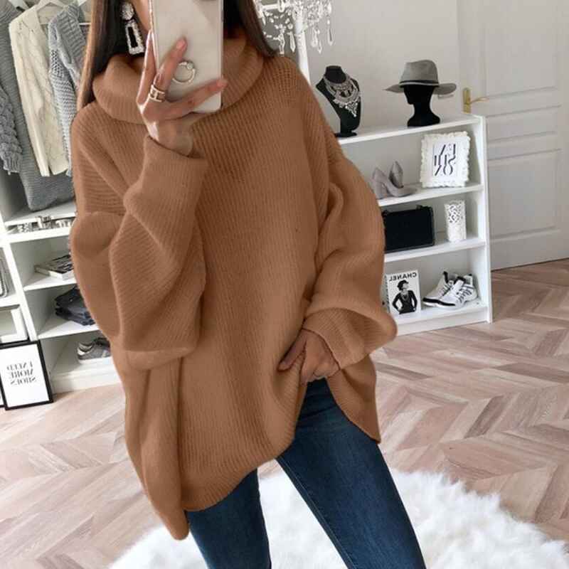     Brown-Womens-Turtleneck-Sweaters-Casual-Long-Sleeve-Solid-Color-Button-Sweater-Knit-Loose-Pullover-Sweater-Tops-K031