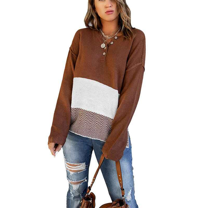     Brown-Womens-V-Neck-Sweaters-Fall-Long-Sleeve-Waffle-Knit-Tops-Tunic-Pullover-Sweater-Button-Casual-Henley-Shirts-K169