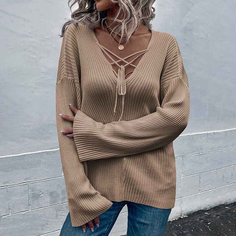 Brown-Womens-V-Neck-Tunic-Criss-Cross-Tops-Long-Sleeve-Casual-Loose-Fit-Knit-Lightweight-Cute-Pullover-Sweater-K451