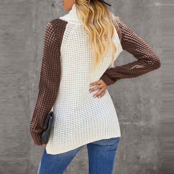 Brown-Womens-Winter-Turtleneck-Color-Block-Chunky-Knitted-Pullover-Button-Decoration-Asymmetric-Loose-Knit-Sweater-K205-Back