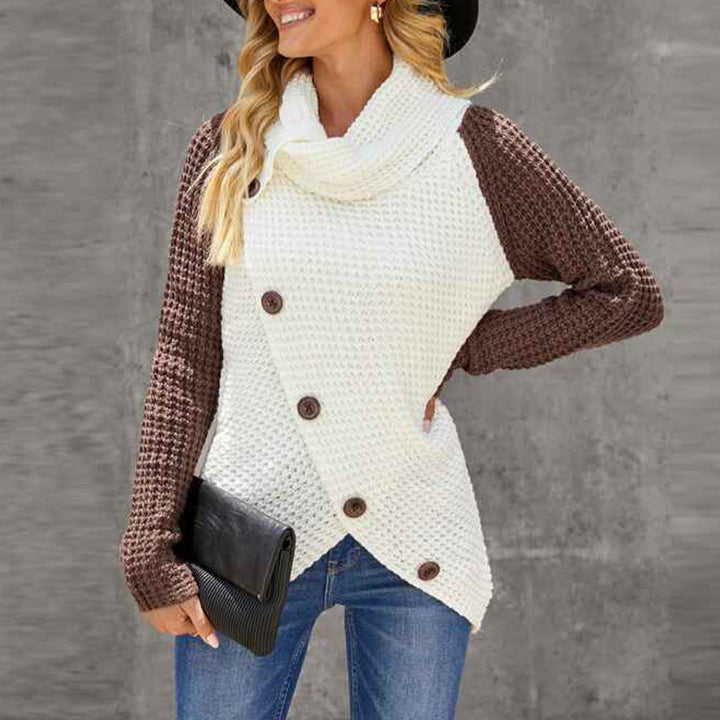 Brown-Womens-Winter-Turtleneck-Color-Block-Chunky-Knitted-Pullover-Button-Decoration-Asymmetric-Loose-Knit-Sweater-K205-Front