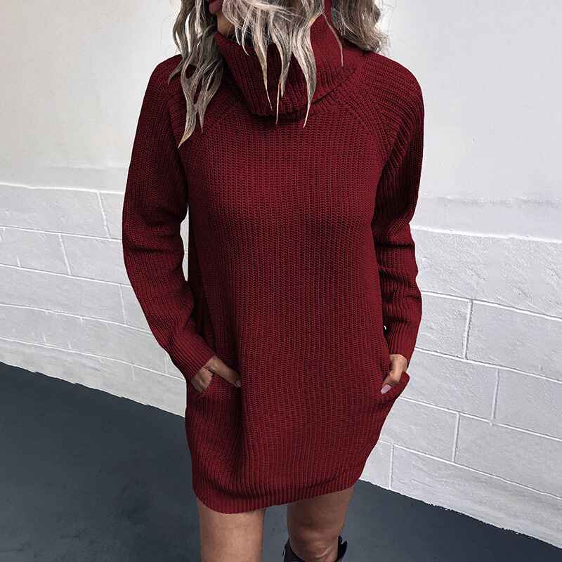 Burgundy-Womens-Turtleneck-Long-Sleeve-Knit-Pullover-Sweater-Bodycon-Mini-Dress-K448