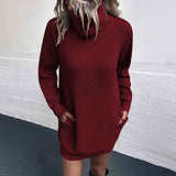 Burgundy-Womens-Turtleneck-Long-Sleeve-Knit-Pullover-Sweater-Bodycon-Mini-Dress-K448