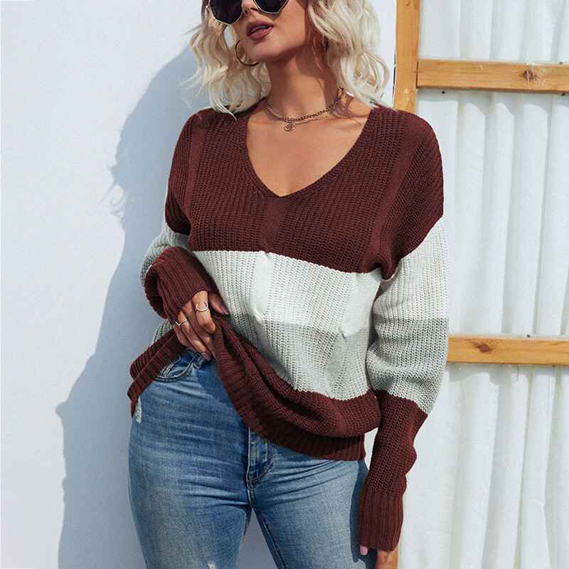 Burgundy-Womens-V-Neck-Sweater-Long-Sleeve-Oversized-Cable-Knit-Pullover-Jumper-Tops-K257