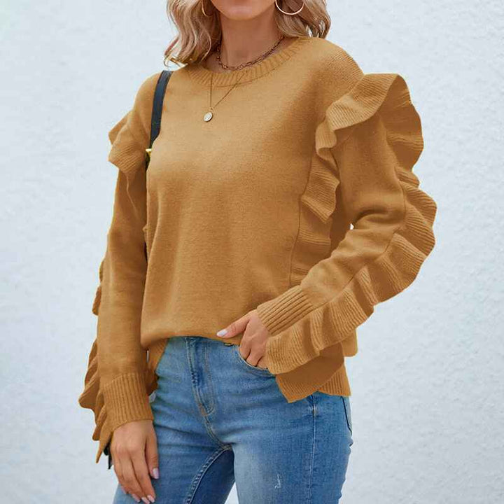 Camel-Womens-Crew-Neck-Long-Sleeve-Oversized-Sweaters-Casual-Solid-Color-Sweater-Ruffle-Knit-Pullover-Tops-K490