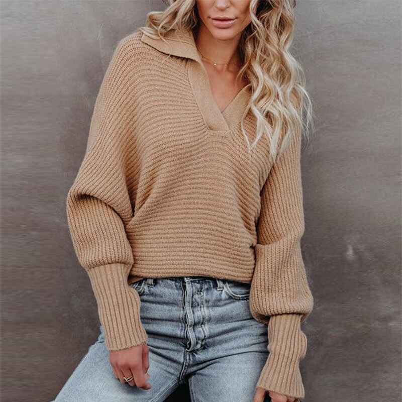 Camel-Womens-Overized-Puff-Long-Sleeve-V-Neck-Knitted-Polo-Pullover-Sweater-Jumper-Tops-K452