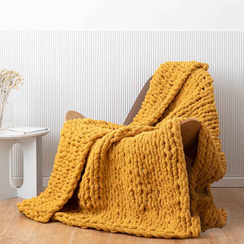 Chenille-Yarn-Knitted-Blanket---Crochet-Blanket---Cable-Knit-Throw-Blanket---Weighted-Chunky-Blanket-yellow