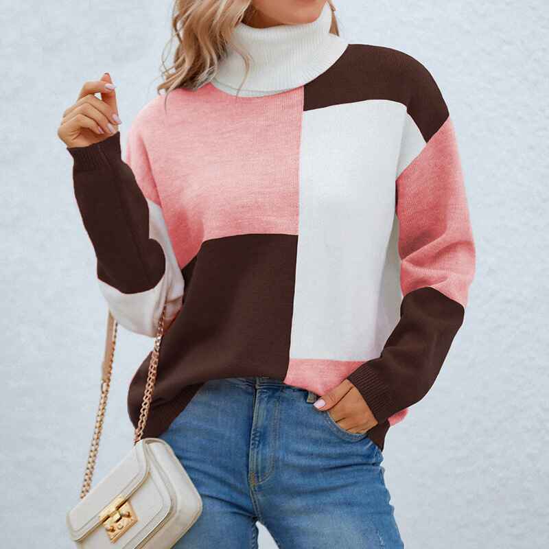 Coffee-Women-Pullover-Sweater-Turtleneck-Plaid-Long-Sleeve-Loose-Casual-Chunky-Checked-Knitted-Winter-Sweaters-Jumper-Tops-K496