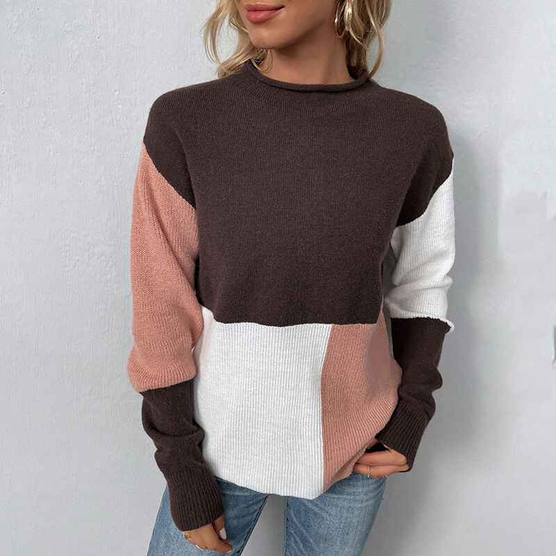 Coffee-Women-Sweater-Long-Sleeve-Color-Block-Knit-Pullover-Sweaters-Crew-Neck-Patchwork-Casual-Loose-Jumper-Tops-K431-Front