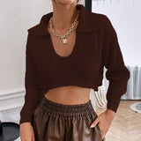    Coffee-Womens-Cropped-Sweater-V-Neck-Long-Sleeve-Crop-Sweater-Pullover-Jumper-Knit-Top-K401