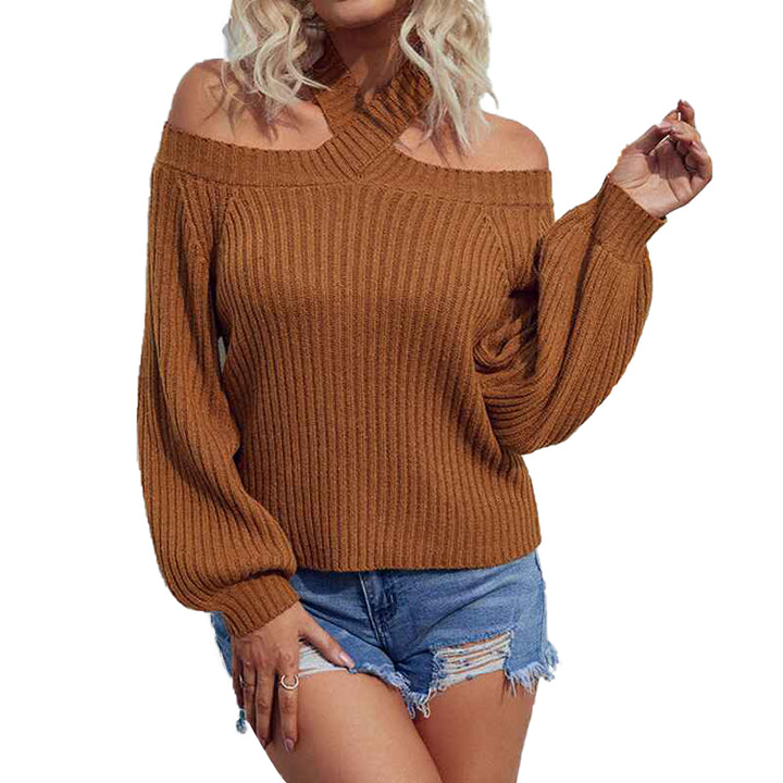 Coffee-Womens-Long-Sleeve-Cold-Shoulder-Halter-Neck-Hand-Knit-Sweater-Tops-Sexy-Pullover-Backless-Loose-Jumper-Sweaters-K232-Front