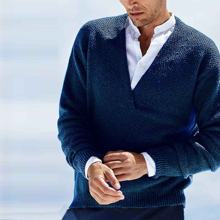    Dark-Blue-Mens-Knit-V-Neck-Sweater-Cashmere-Wool-Long-Sleeve-Classic-Pullover-G018