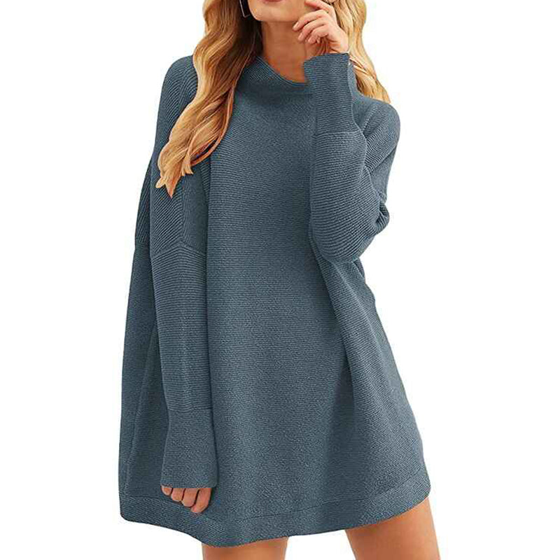 Dark-Blue-Women-Polo-Neck-Long-Slim-Fitted-Dress-Bodycon-Turtleneck-Cable-Knit-Sweater-K021