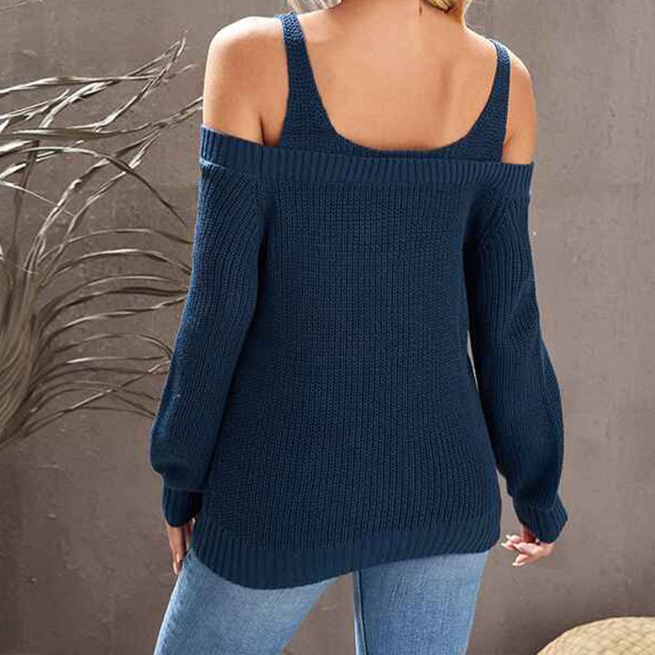 Dark-Blue-Womens-Casual-Long-Sleeve-V-Neck-Cold-Shoulder-Knitted-Pullover-Sweater-Top-K197-tops-Back