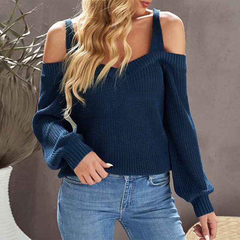 Dark-Blue-Womens-Casual-Long-Sleeve-V-Neck-Cold-Shoulder-Knitted-Pullover-Sweater-Top-K197-tops-Front