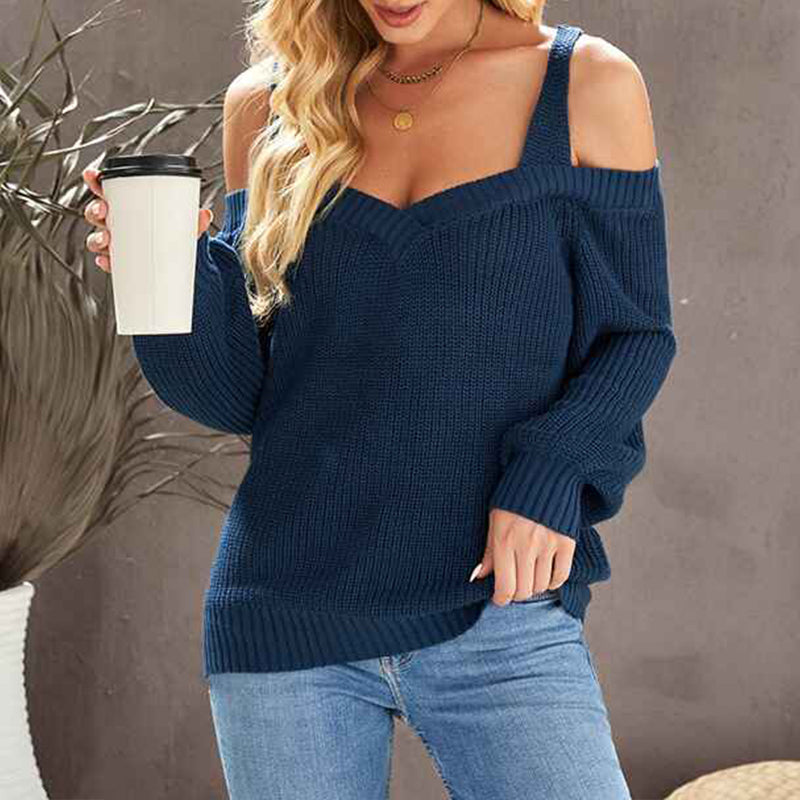    Dark-Blue-Womens-Casual-Long-Sleeve-V-Neck-Cold-Shoulder-Knitted-Pullover-Sweater-Top-K197-tops
