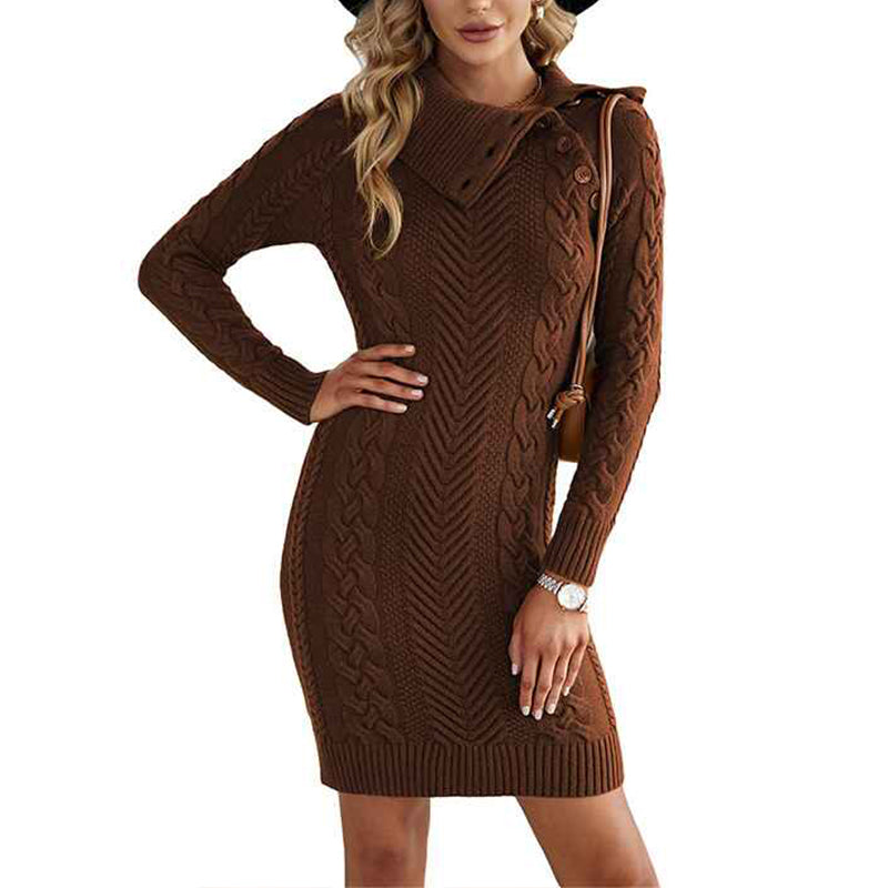    Dark-Brown-Women-Turtleneck-Long-Sleeve-Oversized-Cable-Knit-Chunky-Pullover-Short-Sweater-Dresses-K209