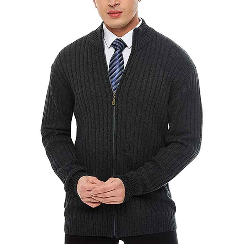 Dark-Gray-Mens-Cardigan-Sweaters-Full-Zip-Up-Stand-Collar-Slim-Fit-Casual-Knitted-Sweater-G011