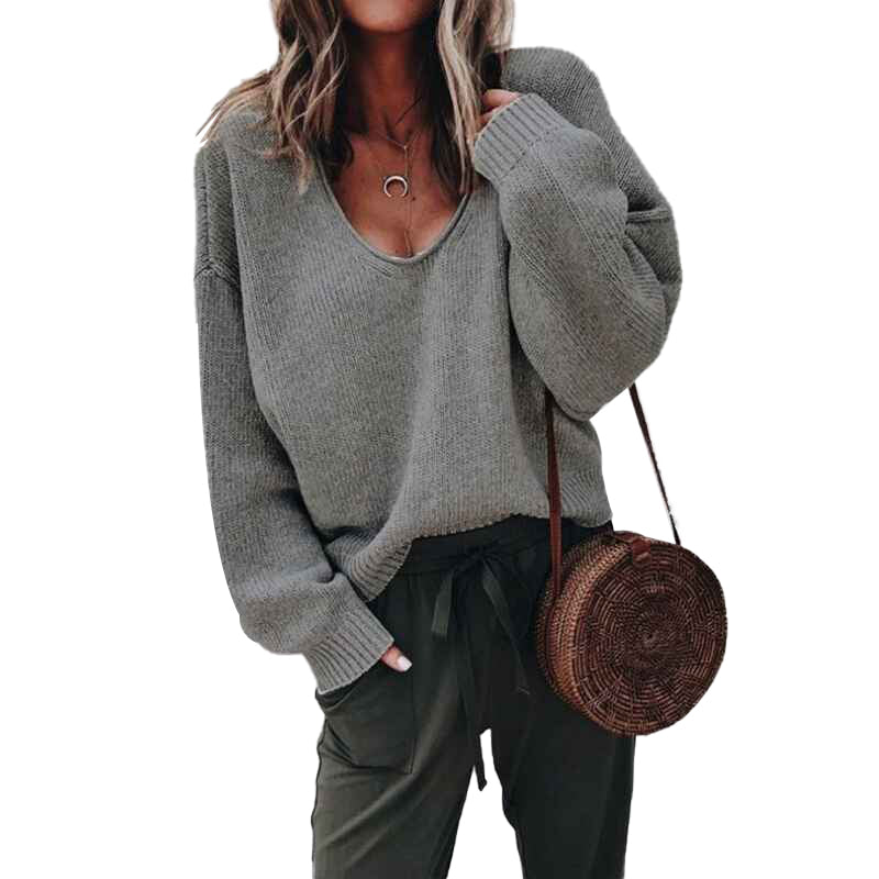 Dark-Gray-Sweaters-for-Women-Long-Sleeve-V-Neck-Solid-Color-Fashion-Tops-K007