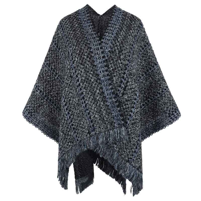 Dark-Gray-Womens-Zig-Zag-Knit-Tassel-Fringed-Pullover-Poncho-Sweater-Cape-Shawl-Wrap-K438