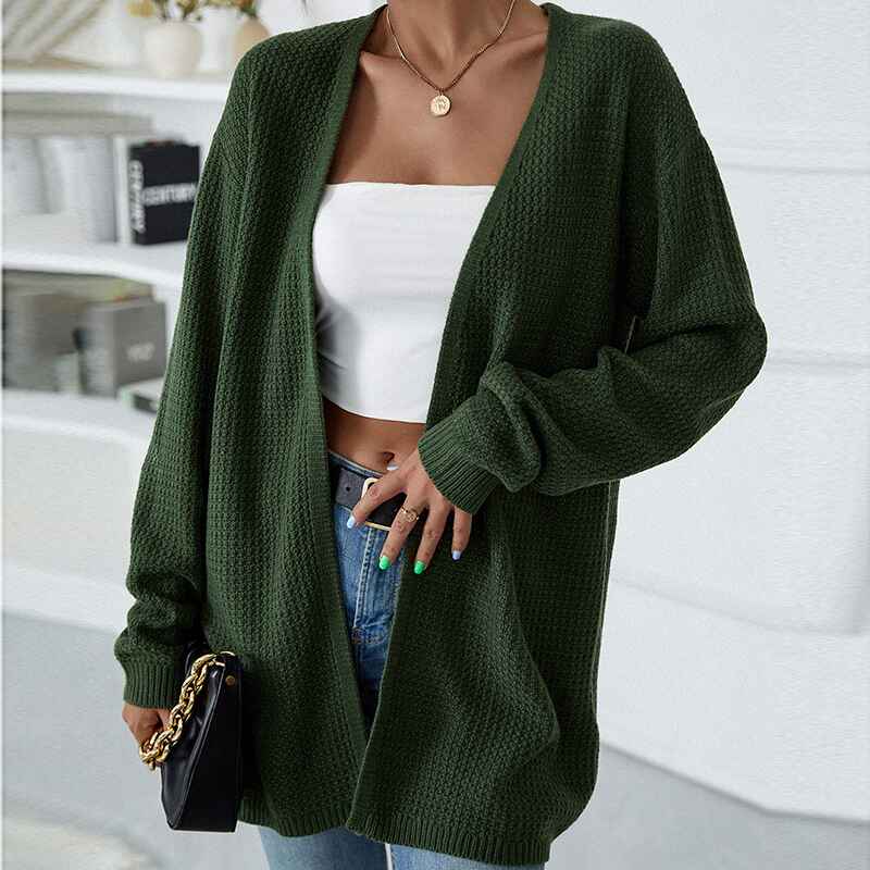 Dark-Green-Womens-Casual-Long-Sleeve-Cable-Knit-Sweater-Cardigan-Loose-Open-Front-Outwear-K381-Side
