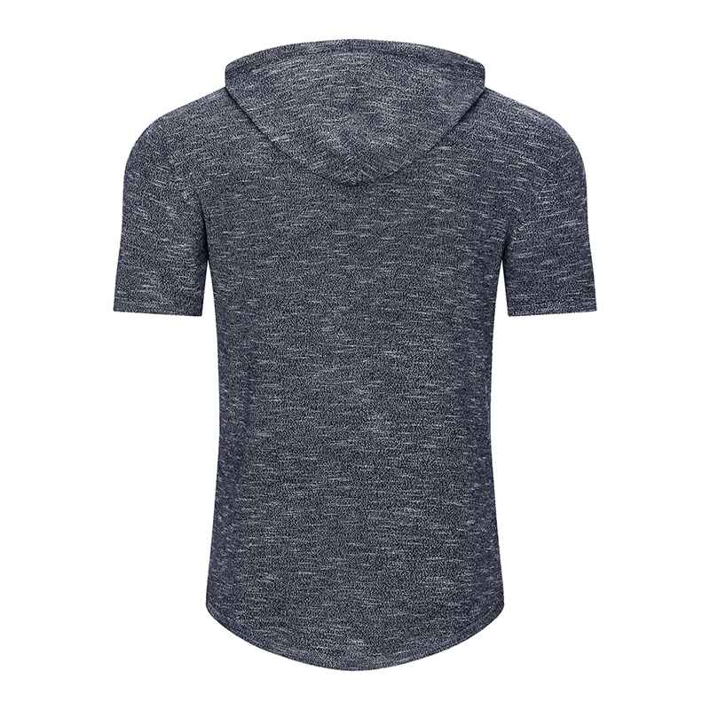 Dark-Grey-Mens-Knit-Short-Sleeve-Hoodie-Lightweight-Hooded-Pullover-T-Shirts-G082-Back
