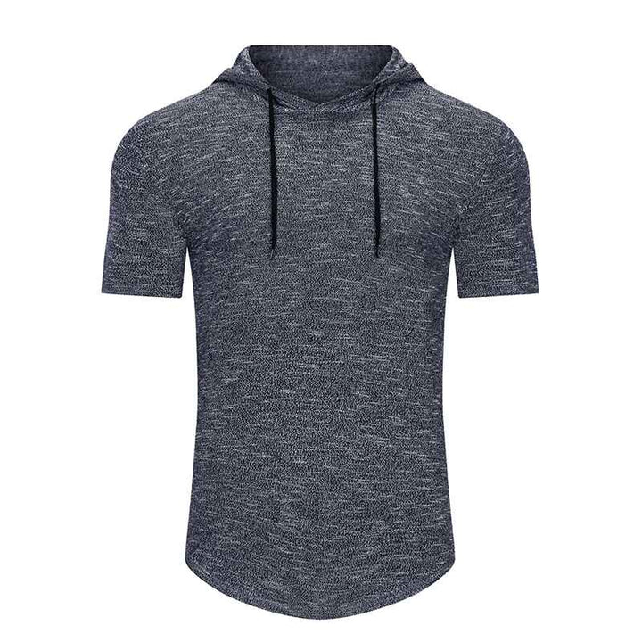 Dark-Grey-Mens-Knit-Short-Sleeve-Hoodie-Lightweight-Hooded-Pullover-T-Shirts-G082-Front