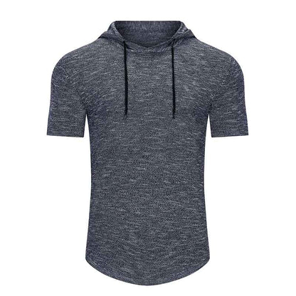 Dark-Grey-Mens-Knit-Short-Sleeve-Hoodie-Lightweight-Hooded-Pullover-T-Shirts-G082-Front