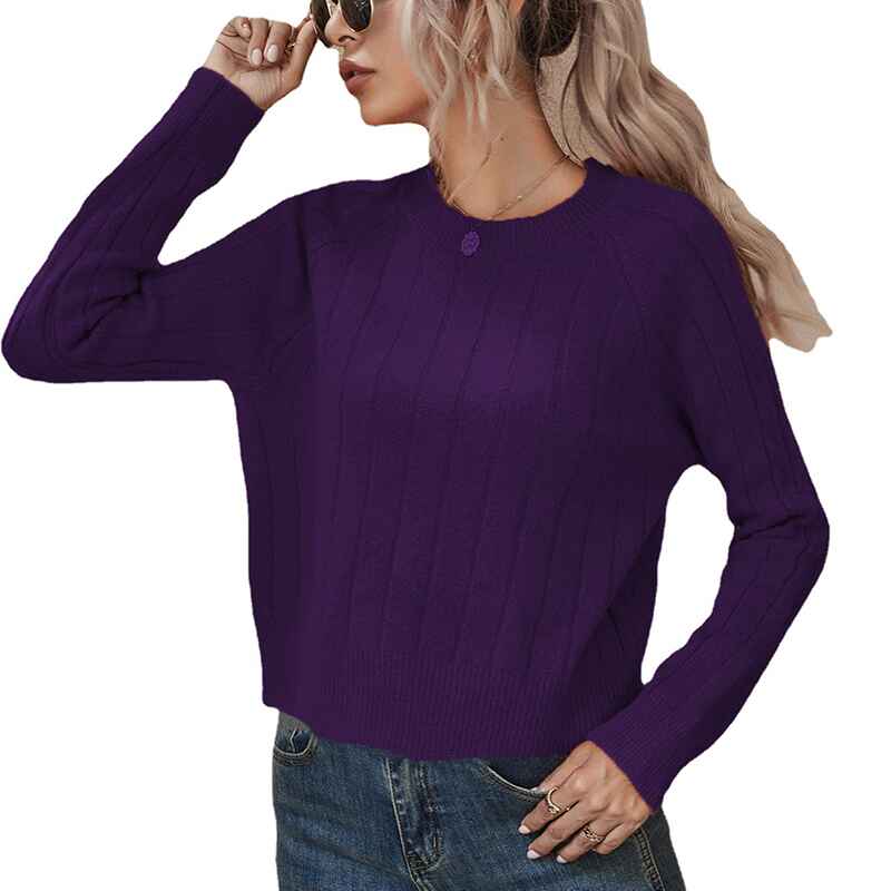Dark-Purple-Womens-Fine-Gauge-Stretch-Crewneck-Pullover-Sweater-K375