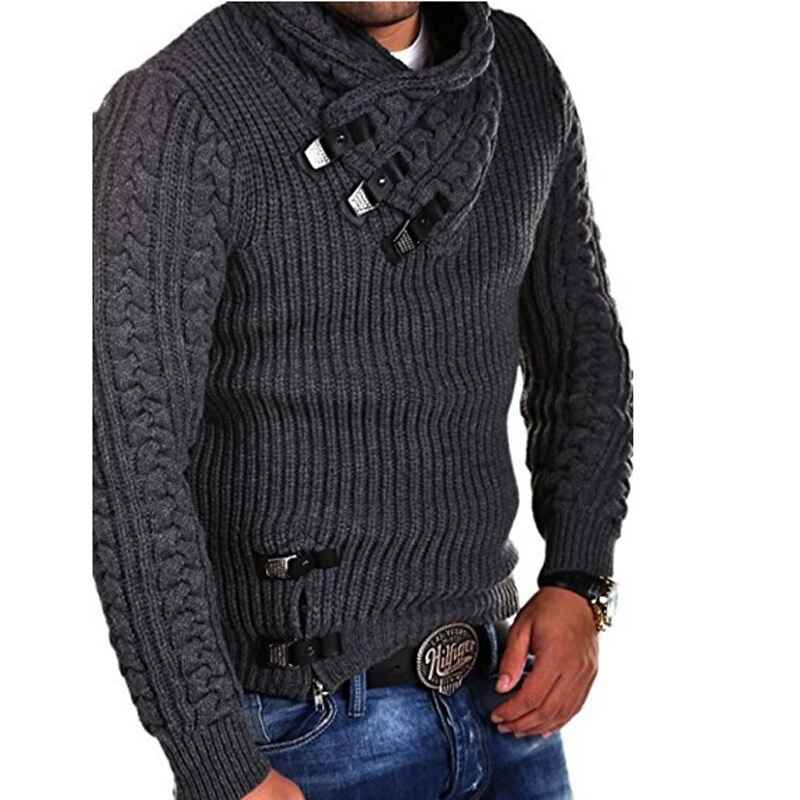    Dark-gray-Mens-Knitted-Turtleneck-Sweater-Long-Sleeve-Slim-Fit-Designer-Shawl-Collar-Pullover-G012