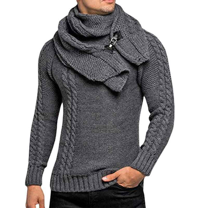    Dark-gray-Mens-Knitted-Turtleneck-Sweater-Long-Sleeve-Slim-Fit-Designer-Shawl-Collar-Pullover-G016