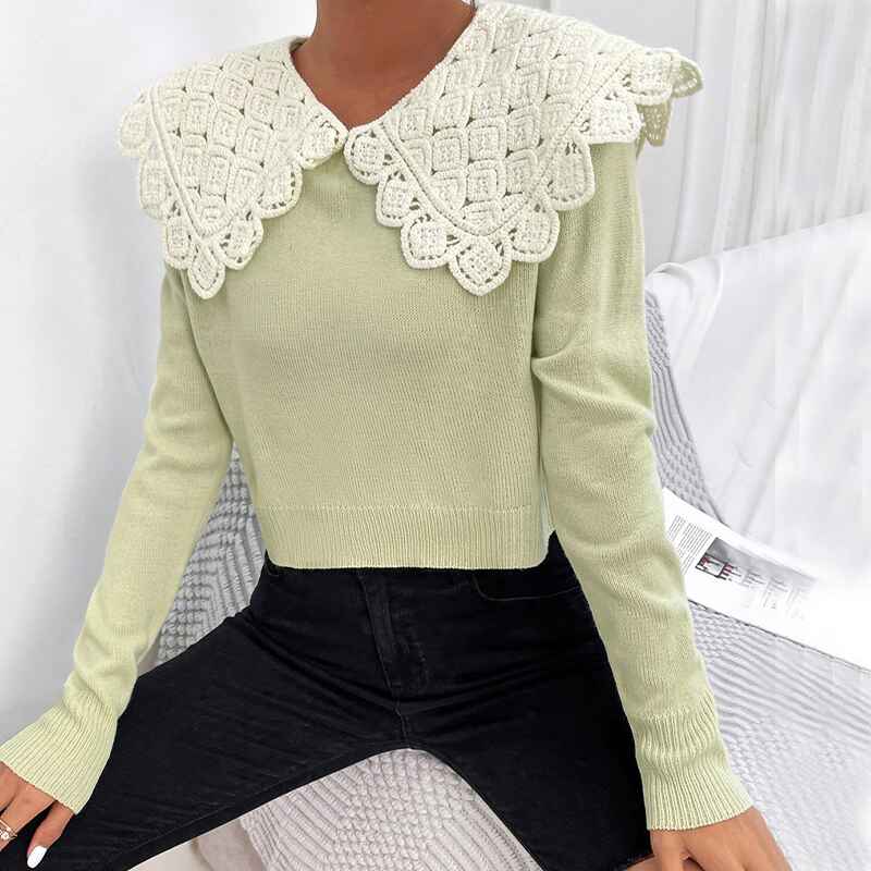 Fruit-Green-Womens-Long-Sleeve-Collared-Knit-Pullover-Sweater-Crop-Top-K378-Front