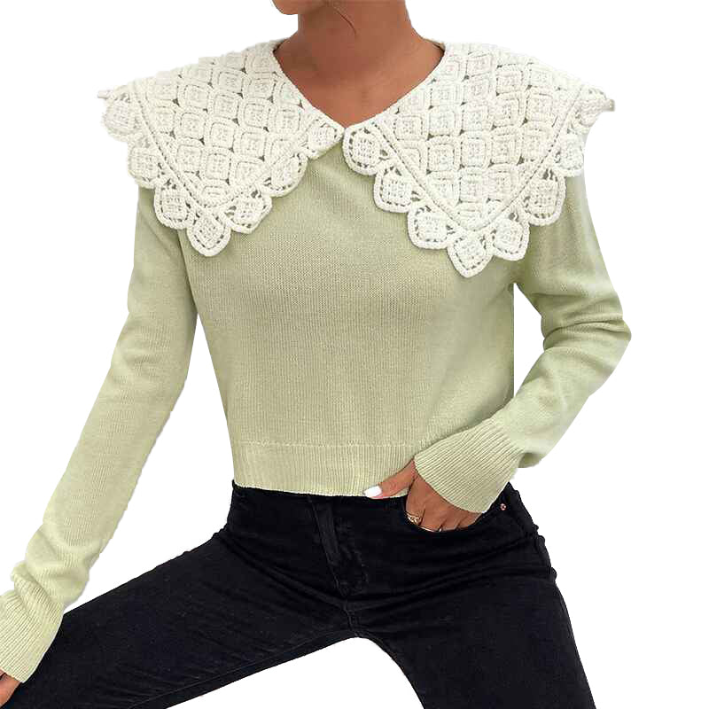Fruit-Green-Womens-Long-Sleeve-Collared-Knit-Pullover-Sweater-Crop-Top-K378