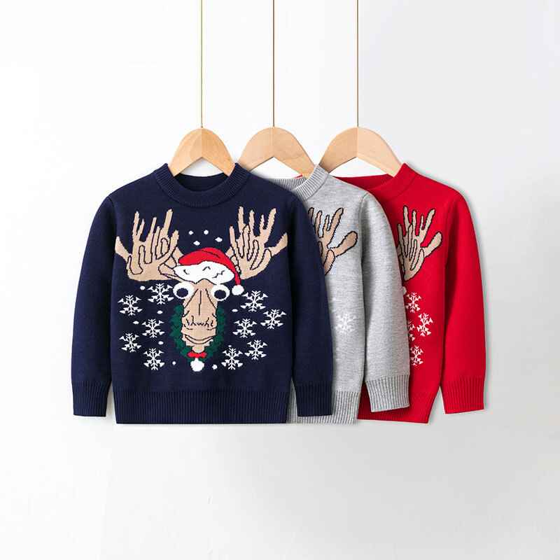    Girls-And-Boys-Long-Sleeve-Knit-Elk-Christmas-Sweater-Tops-V036