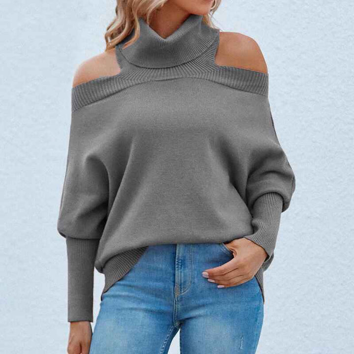 Gray-Cold-Shoulder-Long-Sleeve-Sweater-Halter-Neck-Backless-Loose-Sweater-Tops-K263