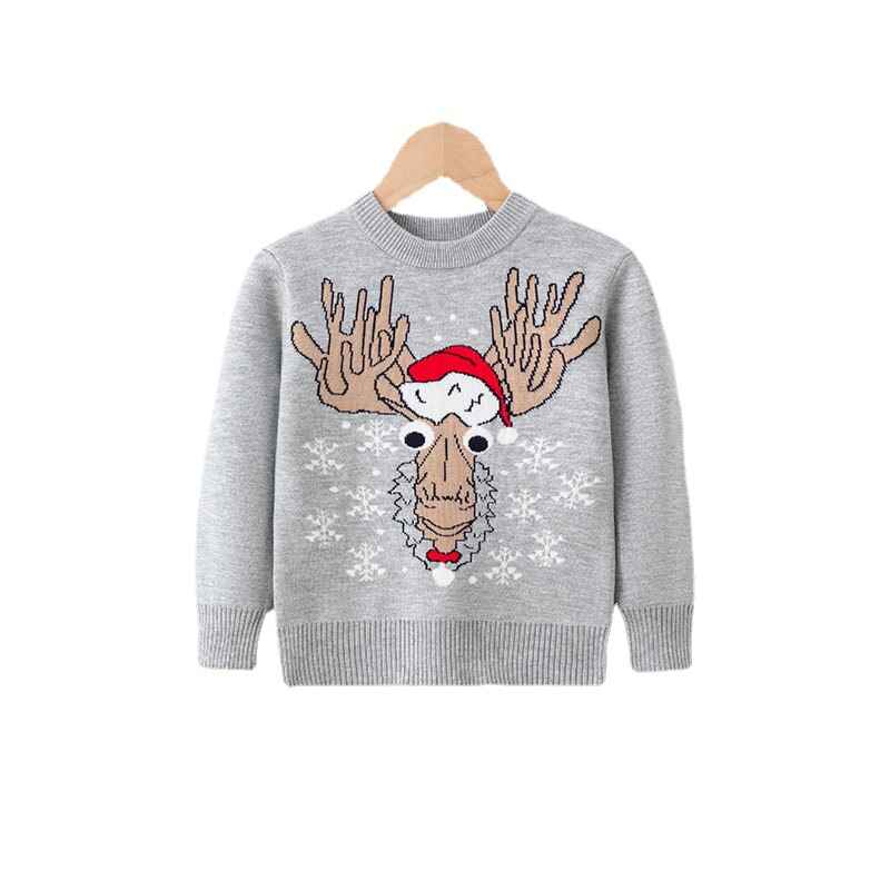    Gray-Girls-And-Boys-Long-Sleeve-Knit-Elk-Christmas-Sweater-Tops-V036