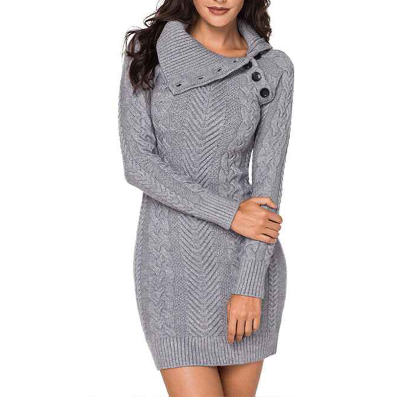     Gray-Khaki-Women-Turtleneck-Long-Sleeve-Oversized-Cable-Knit-Chunky-Pullover-Short-Sweater-Dresses-K209