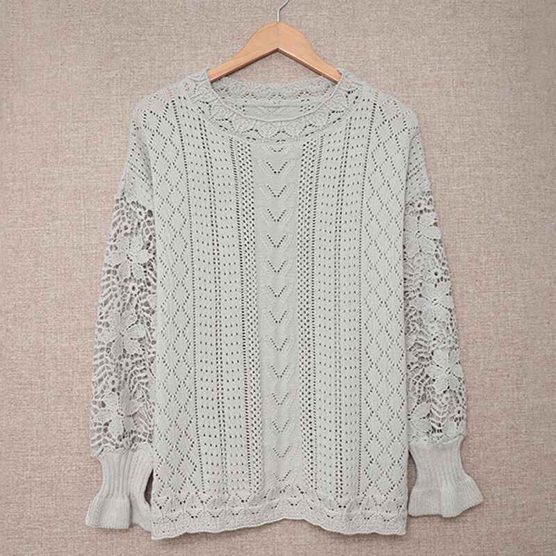    Gray-Long-Sleeve-Hollow-Out-Sweater-Casual-Cute-Crochet-Lace-Pointelle-Knit-Pullover-Crew-Neck-Loose-Blouses-for-Women-K126