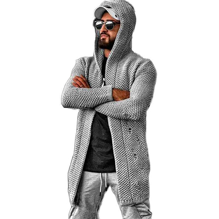     Gray-Mens-Chunky-Needle-Heavy-Mid-Length-Knitted-Cardigan-Sweater-Attached-Hood-G039