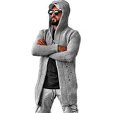     Gray-Mens-Chunky-Needle-Heavy-Mid-Length-Knitted-Cardigan-Sweater-Attached-Hood-G039