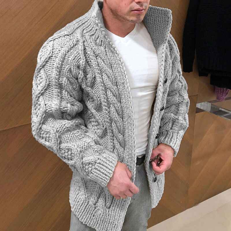     Gray-Mens-Fashion-Casual-Slim-Fit-Button-Down-Cable-Knitted-Stand-Collar-Cardigan-Sweater-G020