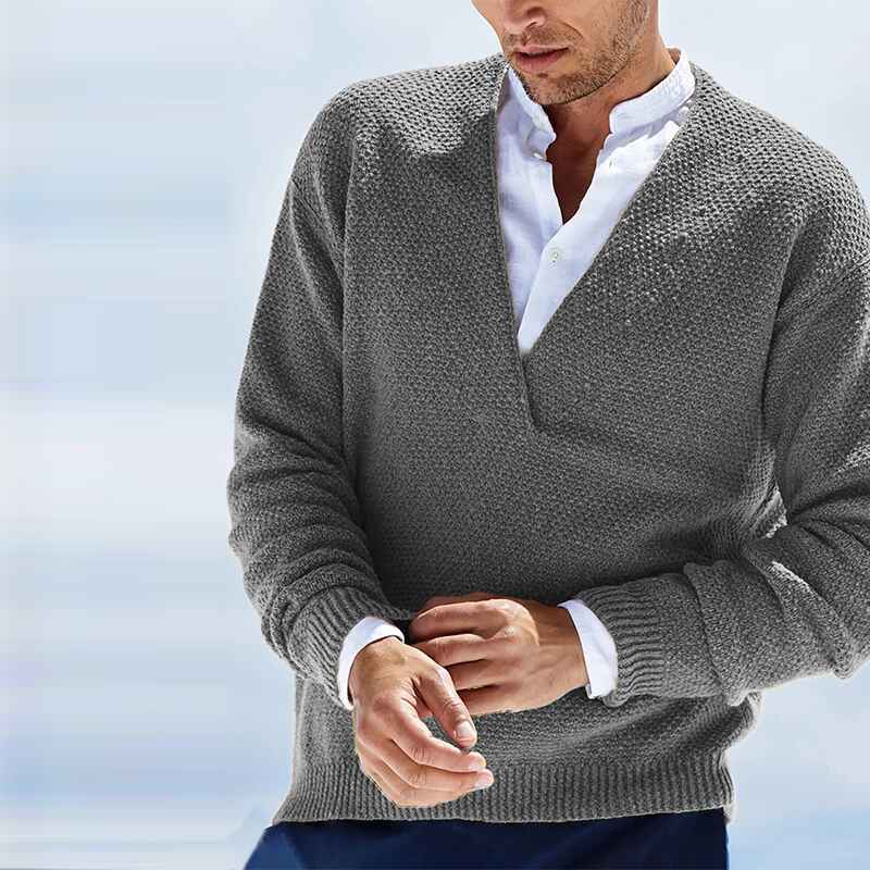 Gray-Mens-Knit-V-Neck-Sweater-Cashmere-Wool-Long-Sleeve-Classic-Pullover-G018