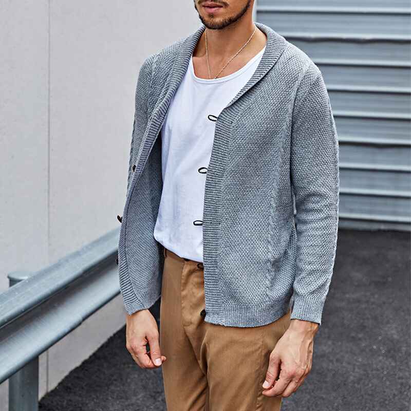     Gray-Mens-Lambswool-Long-Sleeve-Shawl-Collar-Cardigan-Sweater-G017