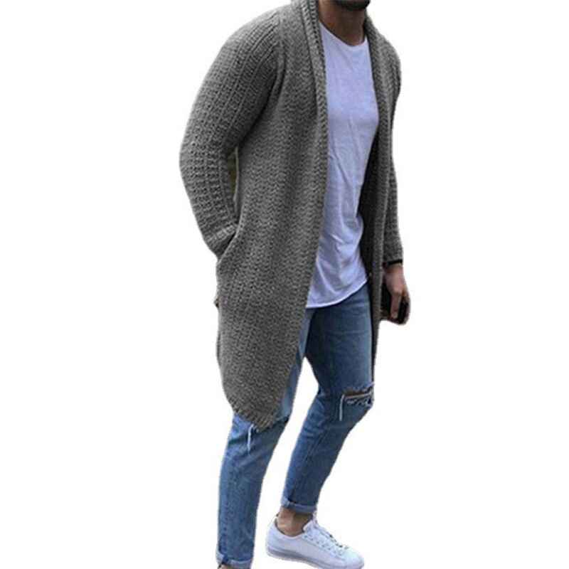 Gray-Mens-Shawl-Collar-Cardigan-Sweaters-Open-Front-Cable-Knit-Long-Trench-Coats-with-Pockets-G034-Side