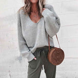     Gray-Sweaters-for-Women-Long-Sleeve-V-Neck-Solid-Color-Fashion-Tops-K007