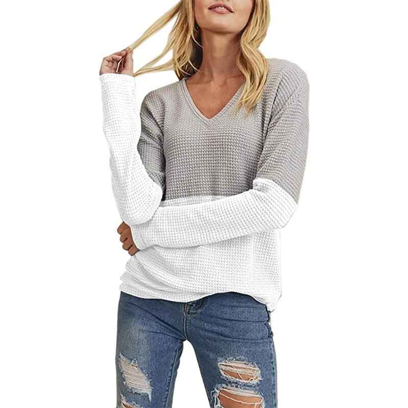    Gray-White-Womens-Classic-Fit-Lightweight-Long-SleeveV-Neck-Sweater-K057