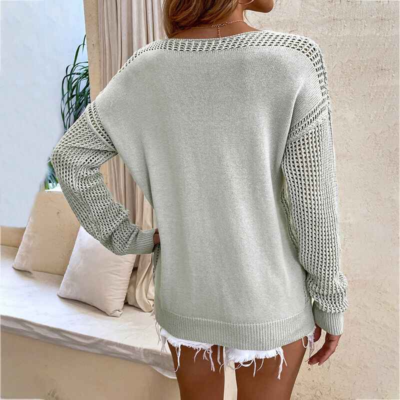 Gray-Women-Crochet-Hollow-Out-Crewneck-Long-Sleeve-Knit-Sweaters-Pullover-Jumper-Tops-K226-Back