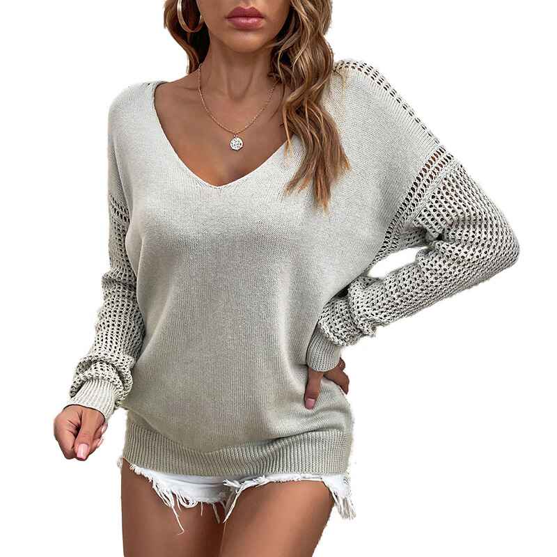     Gray-Women-Crochet-Hollow-Out-Crewneck-Long-Sleeve-Knit-Sweaters-Pullover-Jumper-Tops-K226
