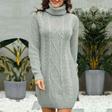    Gray-Women-Turtleneck-Cable-Knit-Sweater-Dress-Casual-Loose-Long-Sleeve-Mini-Pullover-K056-Front