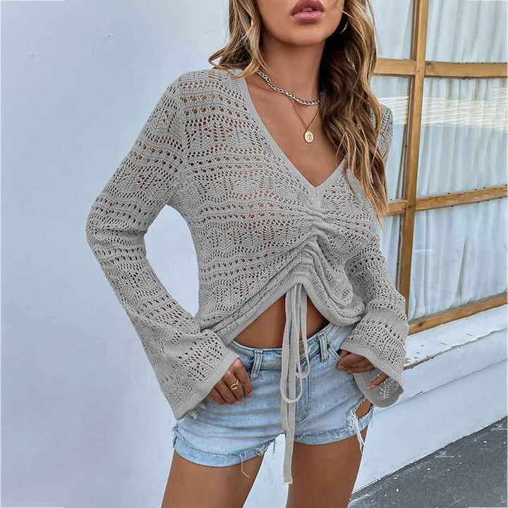 Gray-Womens-Boho-Off-Shoulder-Sheer-Crop-Tops-Bell-Sleeve-Flowy-Oversized-Crochet-Ruched-Pullover-Sweaters-K215